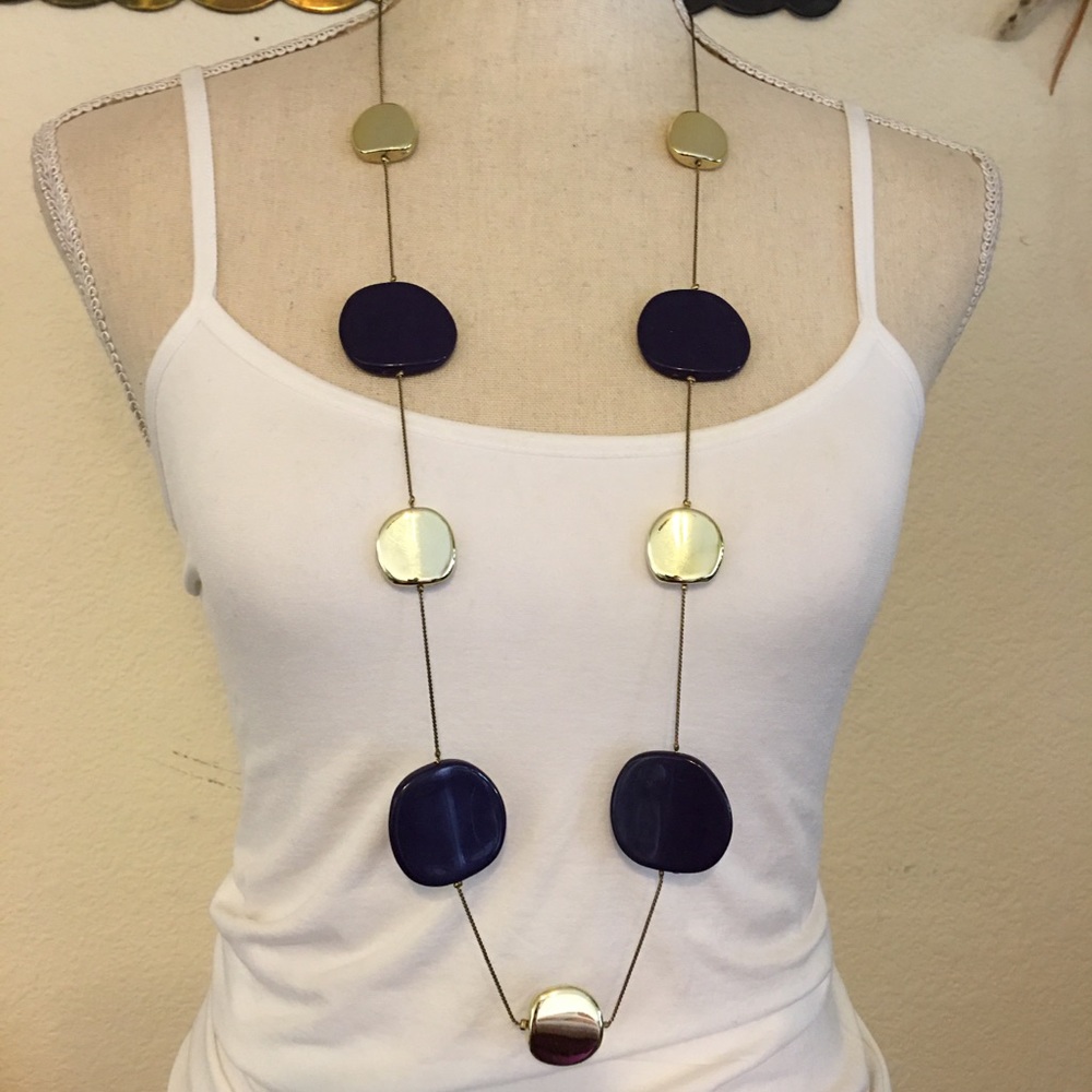 Vintage purple and gold plastic disc long necklace